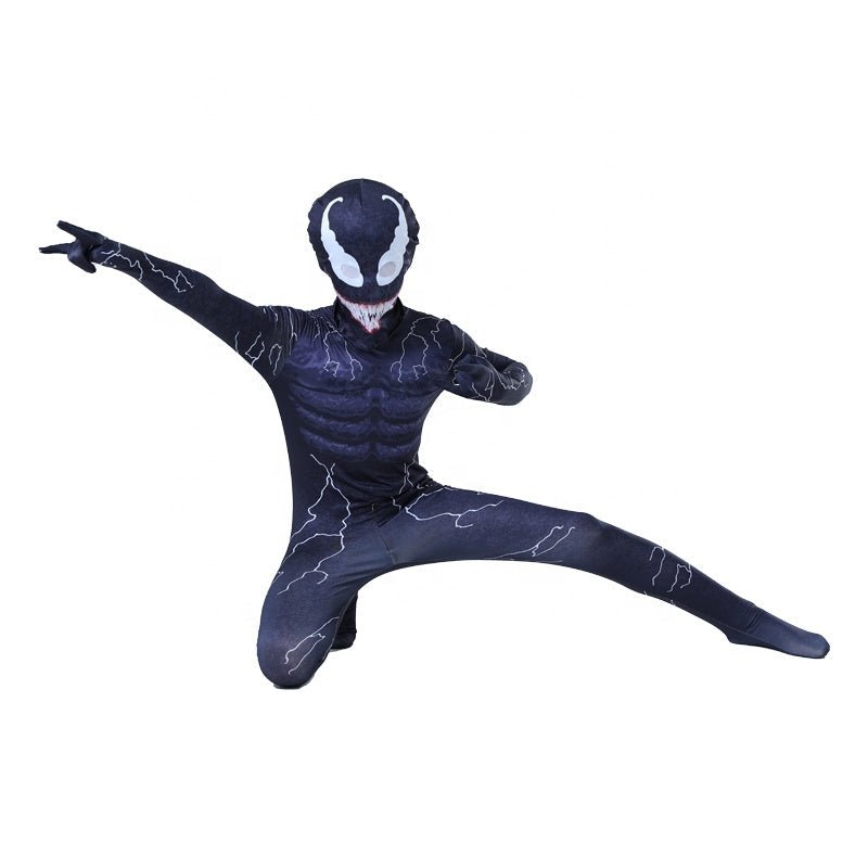 Costu Venom cu Fulgere pentru Copii, Set cu masca, Supererou, EvrikaUnity®, Premium Lycra 3D®, 4 - 5 ani, 120cm, Bleumarin - costumecarnaval - serbare.ro