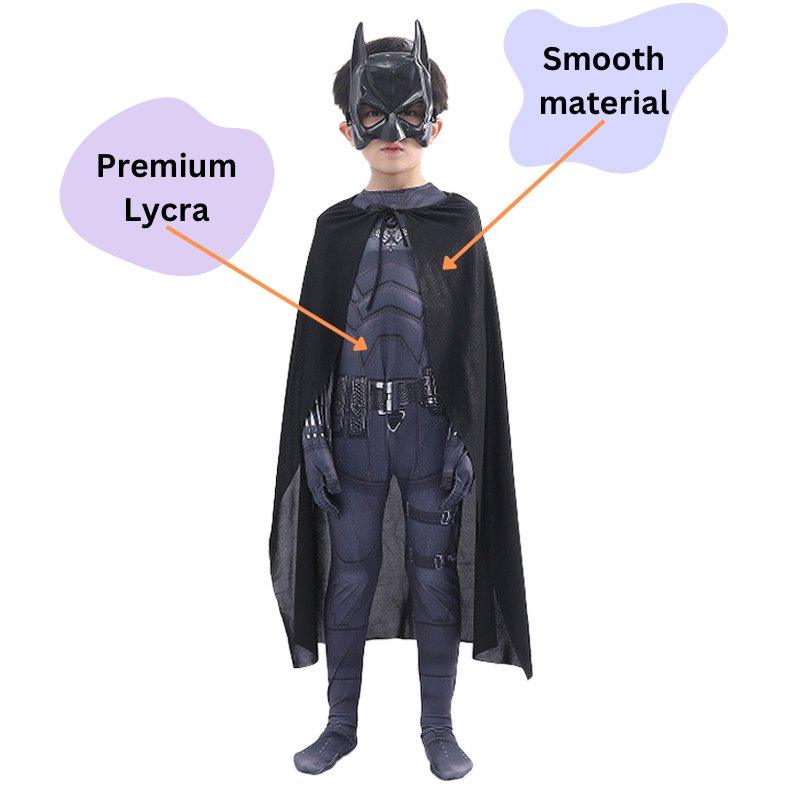 Costum Batman Copii, Bruce Wayne, cu Masca si Pelerina, Premium Lycra, 5 - 6 ani, 130, Negru / Albastru inchis - costumecarnaval - serbare.ro