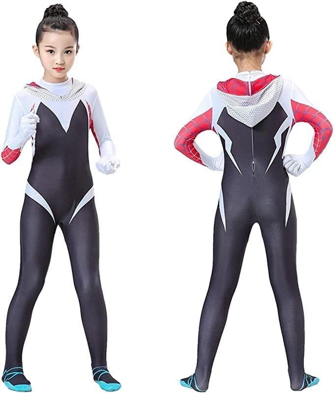 Costum Copii Gwen Spiderman, Marvel, Caracter Fata, Lycra, 10 - 11 ani, 135 - 145, Alb / Negru - costumecarnaval - serbare.ro