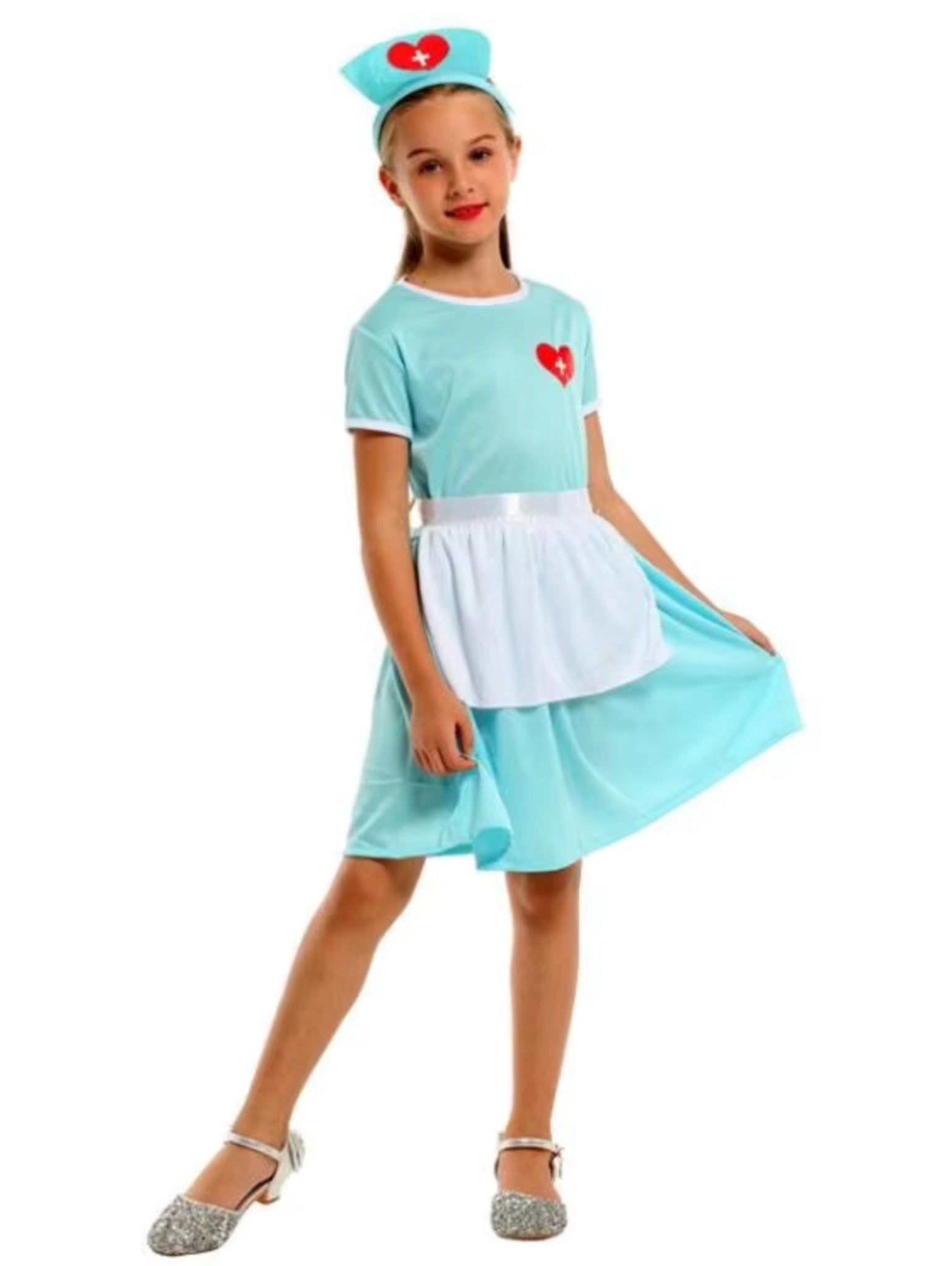 Costum de Asistenta Doctor pentru Copii, Set cu Bentita, EvrikaUnity®, Tesatura Premium, 110 cm, 3 - 4 ani, Turcoaz - costumecarnaval - serbare.ro