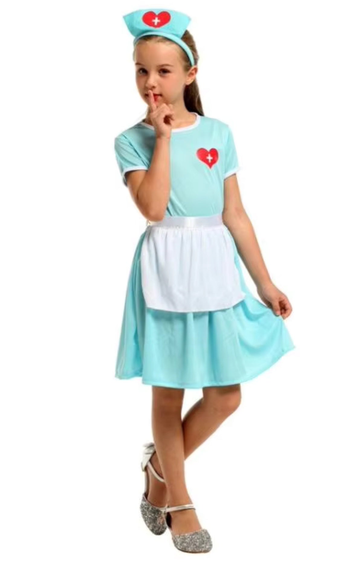 Costum de Asistenta Doctor pentru Copii, Set cu Bentita, EvrikaUnity®, Tesatura Premium, 130cm, 5 - 6 ani, Turcoaz - costumecarnaval - serbare.ro