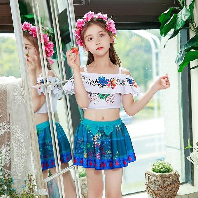 Costum de baie/inot din 2 piese pentru fete, Mirabel Encanto, Premium Nylon, 3 - 4 ani, 110 cm, alb/ albastru - costumecarnaval - serbare.ro