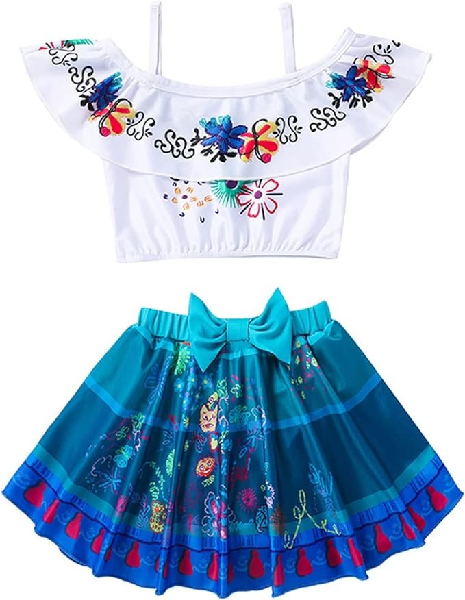 Costum de baie/inot din 2 piese pentru fete, Mirabel Encanto, Premium Nylon, 5 - 6 ani, 130 cm, alb/ albastru - costumecarnaval - serbare.ro