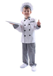 Costum de Bucatar Chef pentru Copii, Set cu Palarie, Tesatura Fina, 130, 5 - 6 ani, Alb / Gri - costumecarnaval - serbare.ro