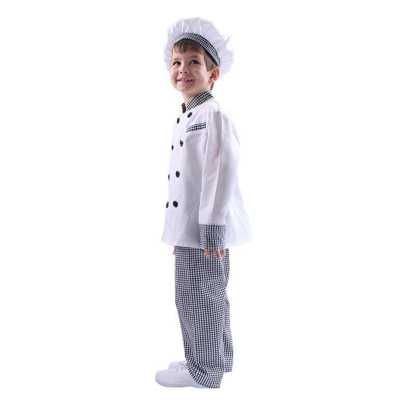 Costum de Bucatar Chef pentru Copii, Set cu Palarie, Tesatura Fina, 130, 5 - 6 ani, Alb / Gri - costumecarnaval - serbare.ro