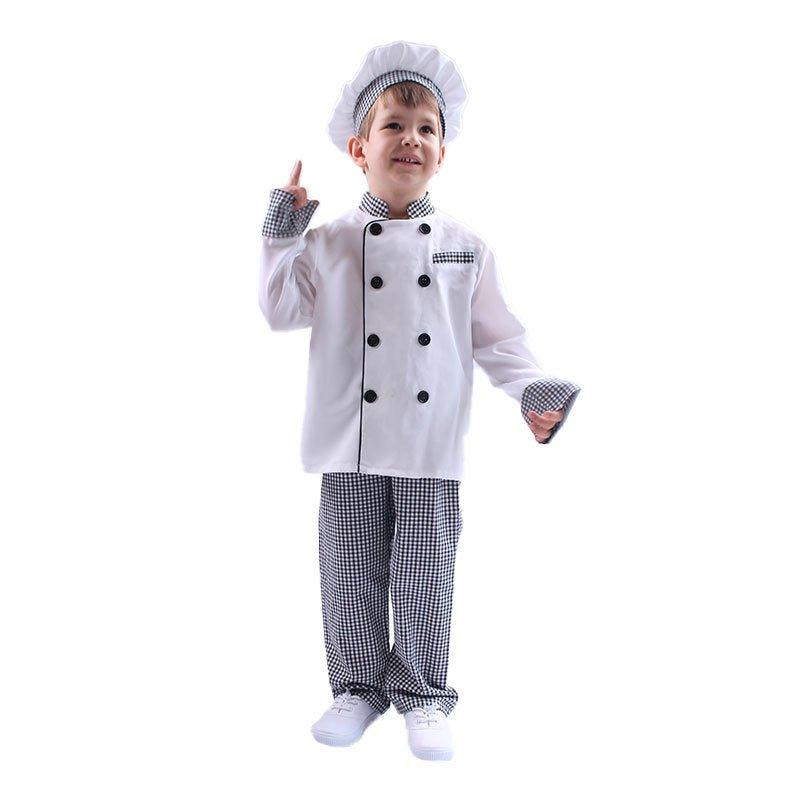 Costum de Bucatar Chef pentru Copii, Set cu Palarie, Tesatura Fina, 130, 5 - 6 ani, Alb / Gri - costumecarnaval - serbare.ro
