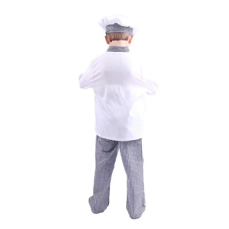 Costum de Bucatar Chef pentru Copii, Set cu Palarie, Tesatura Fina, 140, 6 - 7 ani, Alb / Gri - costumecarnaval - serbare.ro