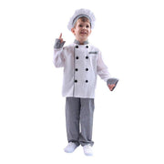 Costum de Bucatar Chef pentru Copii, Set cu Palarie, Tesatura Fina, 140, 6 - 7 ani, Alb / Gri - costumecarnaval - serbare.ro