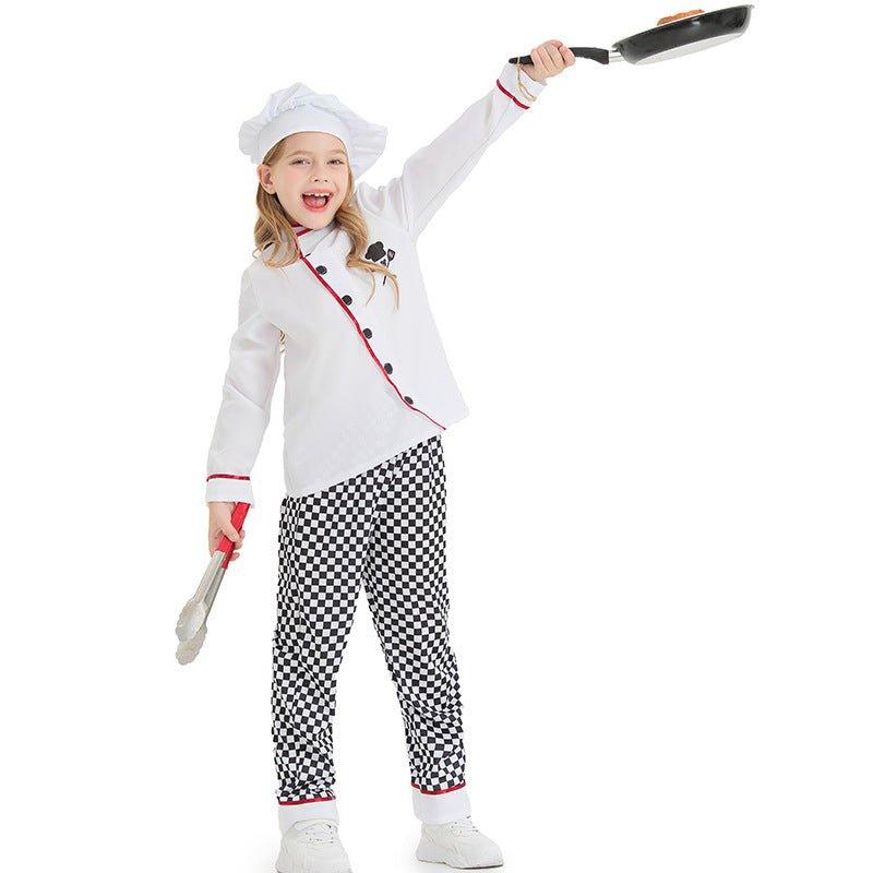 Costum de Bucatar Chef pentru Copii, Set pentru fete cu Palarie, Tesatura Fina, 130, 5 - 6 ani, Alb / Gri - costumecarnaval - serbare.ro