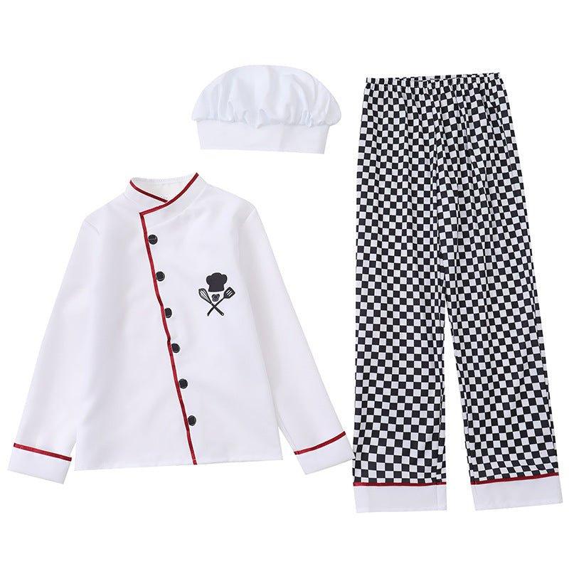 Costum de Bucatar Chef pentru Copii, Set pentru fete cu Palarie, Tesatura Fina, 130, 5 - 6 ani, Alb / Gri - costumecarnaval - serbare.ro