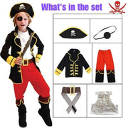 Costum de Capitan Pirat pentru copii, Set cu Palarie si Petic de ochi, Tesatura fina, 130, 5 - 6 ani, Rosu/ Negru - costumecarnaval - serbare.ro