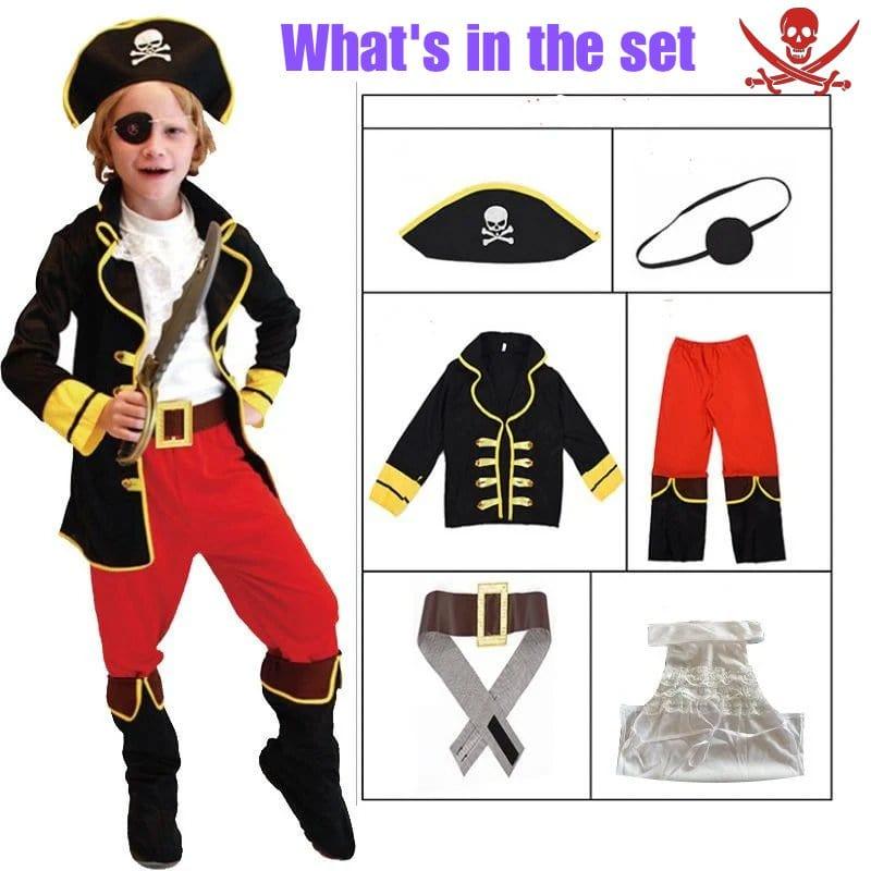 Costum de Capitan Pirat pentru copii, Set cu Palarie si Petic de ochi, Tesatura fina, 130, 5 - 6 ani, Rosu/ Negru - costumecarnaval - serbare.ro
