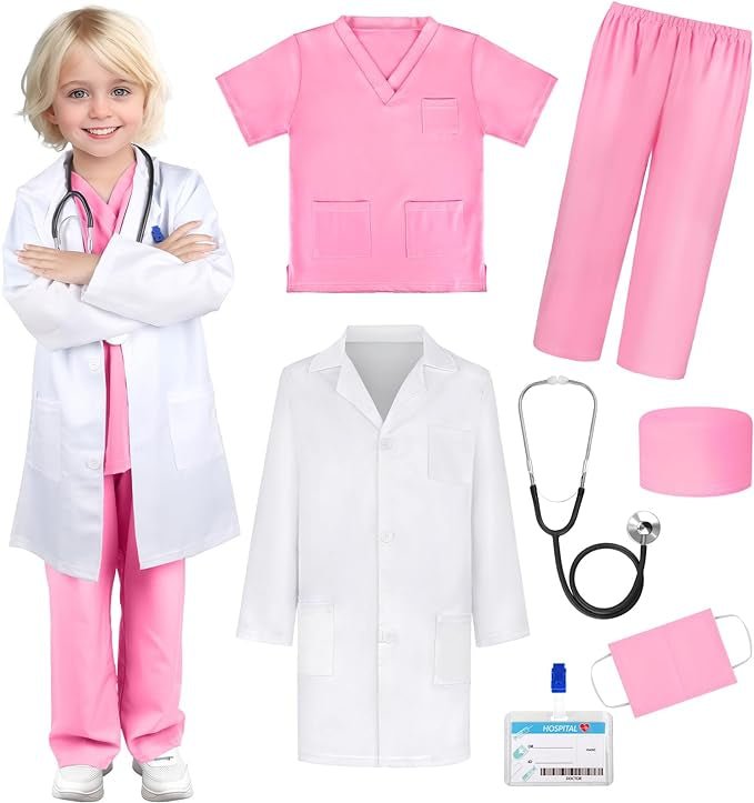Costum de Doctor pentru Copii, Set cu Stetoscop de jucarie si Legitimatie, Tesatura fina, 3 - 4 ani, 110 cm, Alb/ Roz - costumecarnaval - serbare.ro