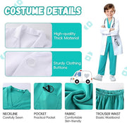 Costum de Doctor pentru Copii, Set cu Stetoscop de jucarie si Legitimatie Tesatura fina, 3 - 4 ani, 110 cm, Alb/ Verde - costumecarnaval - serbare.ro