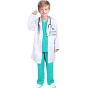 Costum de Doctor pentru Copii, Set cu Stetoscop de jucarie si Legitimatie, Tesatura fina, 4 - 5 ani, 120 cm, Alb/ Verde - costumecarnaval - serbare.ro