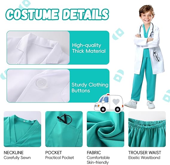 Costum de Doctor pentru Copii, Set cu Stetoscop de jucarie si Legitimatie, Tesatura fina, 4 - 5 ani, 120 cm, Alb/ Verde - costumecarnaval - serbare.ro