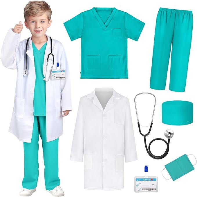 Costum de Doctor pentru Copii, Set cu Stetoscop de jucarie si Legitimatie, Tesatura fina, 4 - 5 ani, 120 cm, Alb/ Verde - costumecarnaval - serbare.ro