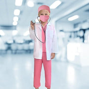 Costum de Doctor pentru Copii, Set cu Stetoscop de jucarie si Legitimatie, Tesatura fina, 5 - 6 ani, 130 cm, Alb/ Roz - costumecarnaval - serbare.ro