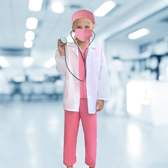 Costum de Doctor pentru Copii, Set cu Stetoscop de jucarie si Legitimatie, Tesatura fina, 5 - 6 ani, 130 cm, Alb/ Roz - costumecarnaval - serbare.ro