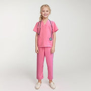 Costum de Doctor pentru Copii, Set cu Stetoscop de jucarie si Legitimatie, Tesatura fina, 5 - 6 ani, 130 cm, Alb/ Roz - costumecarnaval - serbare.ro