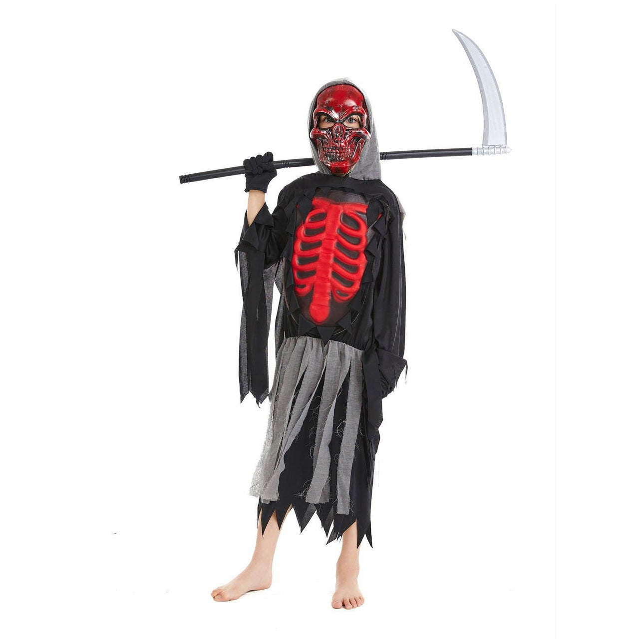 Costum de Nemuritor pentru copii, Set cu masca si coasa, Tesatura fina, 6 - 7 ani, 140, Negru/ Rosu - costumecarnaval - serbare.ro