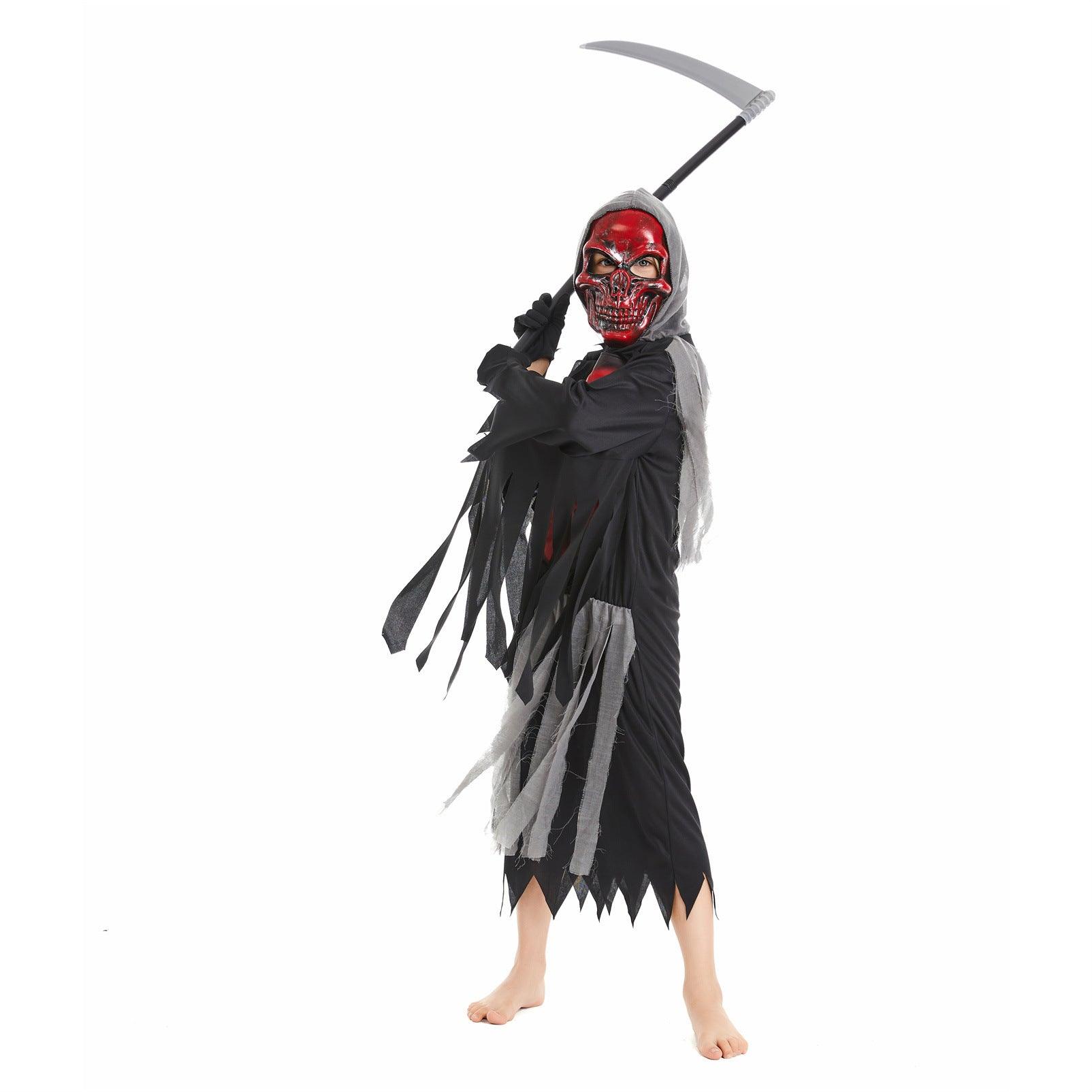Costum de Nemuritor pentru copii, Set cu masca si coasa, Tesatura fina, 6 - 7 ani, 140, Negru/ Rosu - costumecarnaval - serbare.ro