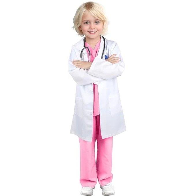 Costum Doctor pentru copii, Set cu Stetoscop de jucarie, Tesatura fina, 3 - 4 ani, 110, Alb/ Roz - costumecarnaval - serbare.ro