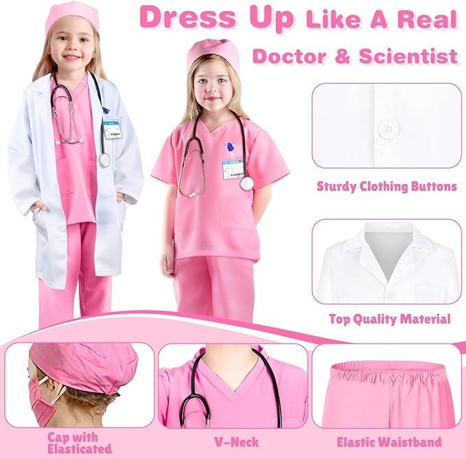 Costum Doctor pentru copii, Set cu Stetoscop de jucarie, Tesatura fina, 3 - 4 ani, 110, Alb/ Roz - costumecarnaval - serbare.ro