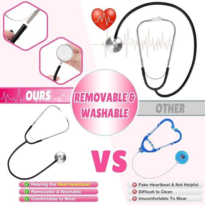Costum Doctor pentru copii, Set cu Stetoscop de jucarie, Tesatura fina, 3 - 4 ani, 110, Alb/ Roz - costumecarnaval - serbare.ro
