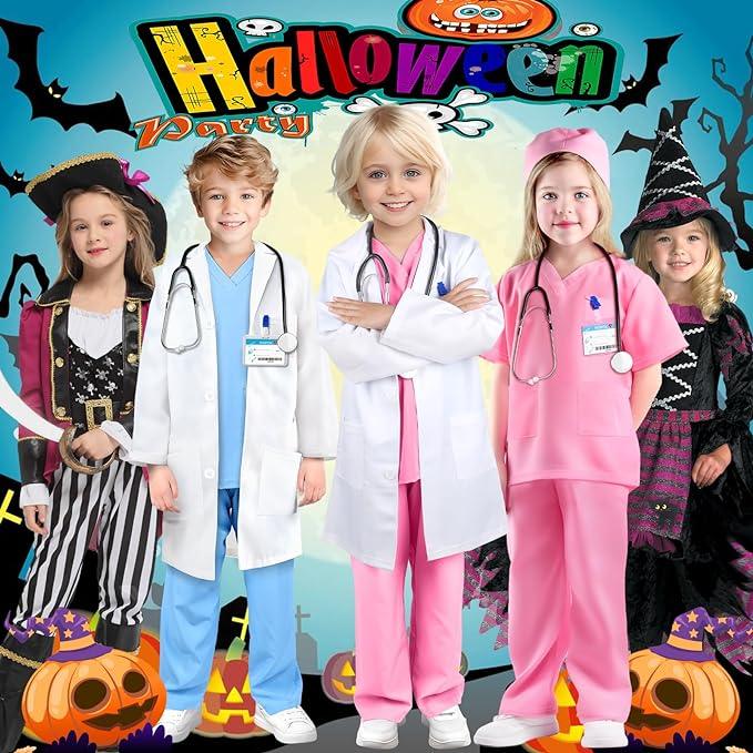 Costum Doctor pentru copii, Set cu Stetoscop de jucarie, Tesatura fina, 3 - 4 ani, 110, Alb/ Roz - costumecarnaval - serbare.ro