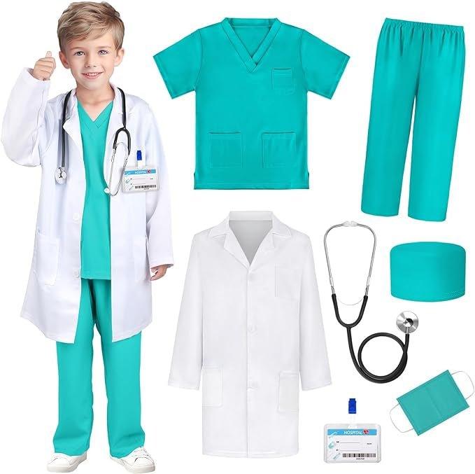 Costum Doctor pentru copii, Set cu Stetoscop de jucarie, Tesatura fina, 3 - 4 ani, 110, Alb/ Verde - costumecarnaval - serbare.ro