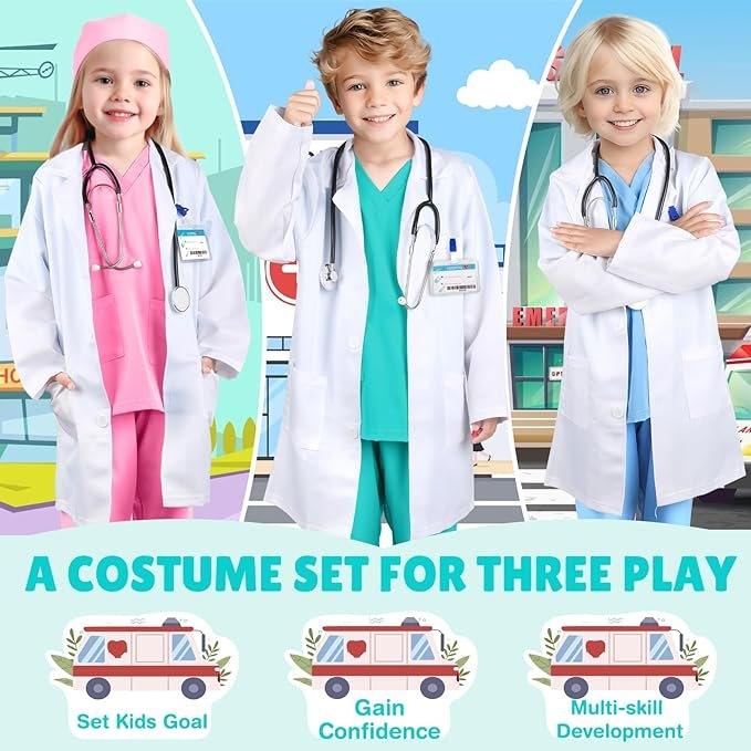 Costum Doctor pentru copii, Set cu Stetoscop de jucarie, Tesatura fina, 4 - 5 ani, 120, Alb/ Verde - costumecarnaval - serbare.ro