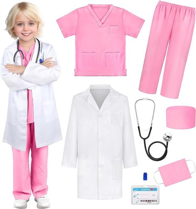 Costum Doctor pentru copii, Set cu Stetoscop de jucarie, Tesatura fina, 5 - 6 ani, 130, Alb/ Roz - costumecarnaval - serbare.ro