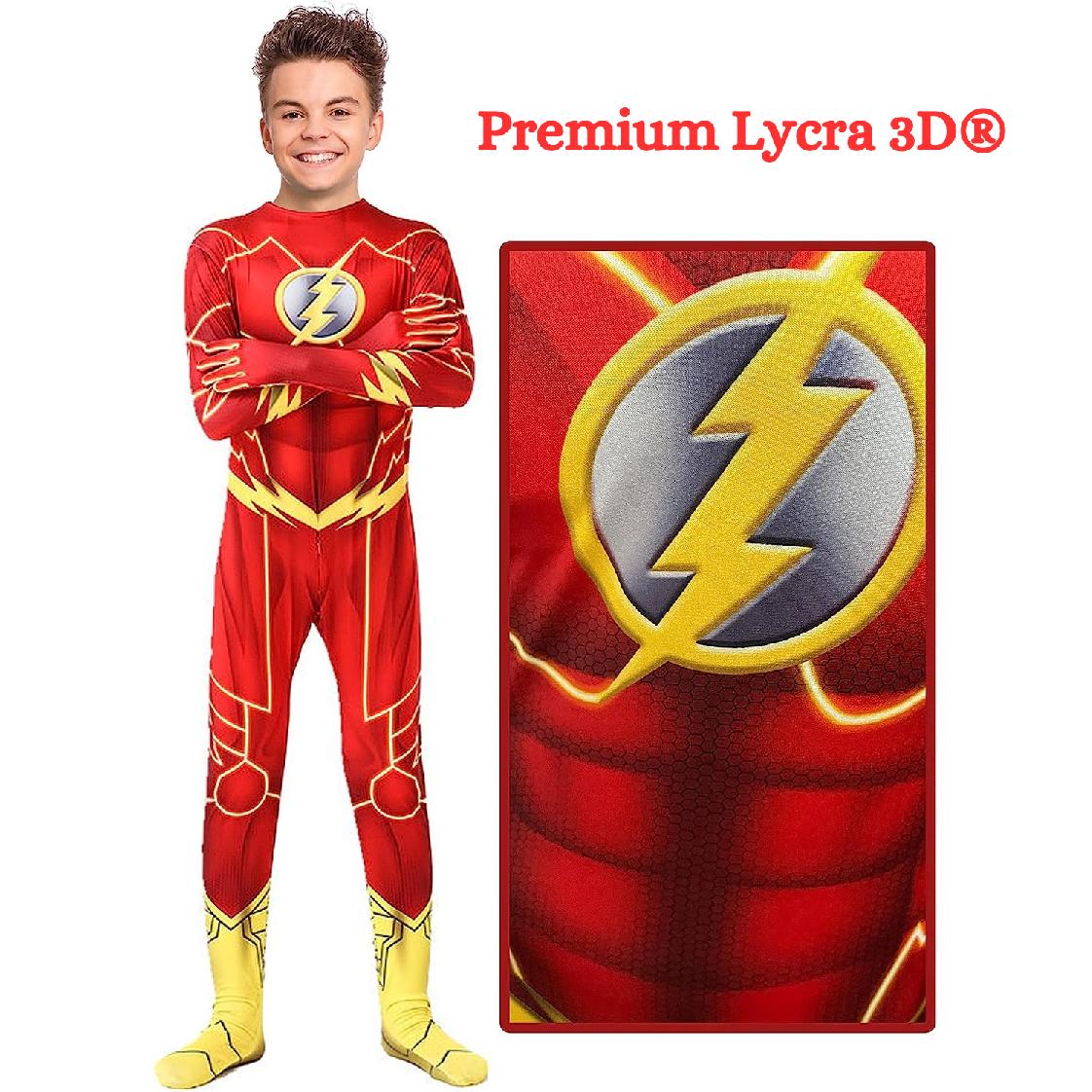 Costum Flash pentru copii, Set cu Masca, EvrikaUnity®, Supererou, Premium Lycra 3D®, 4 - 5 ani, 120 cm, Rosu/ Galben - costumecarnaval - serbare.ro