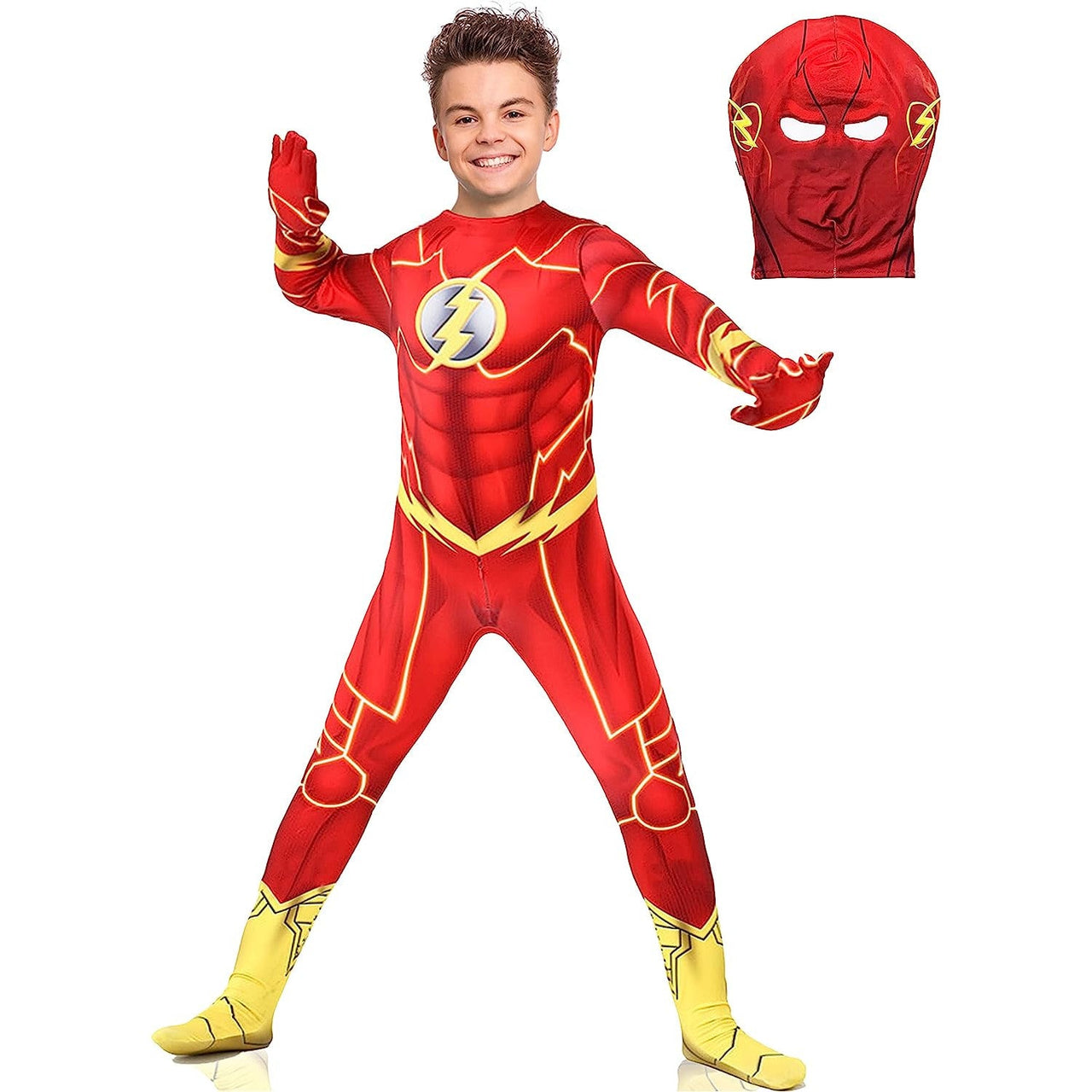 Costum Flash pentru copii, Set cu Masca, EvrikaUnity®, Supererou, Premium Lycra 3D®, 4 - 5 ani, 120 cm, Rosu/ Galben - costumecarnaval - serbare.ro