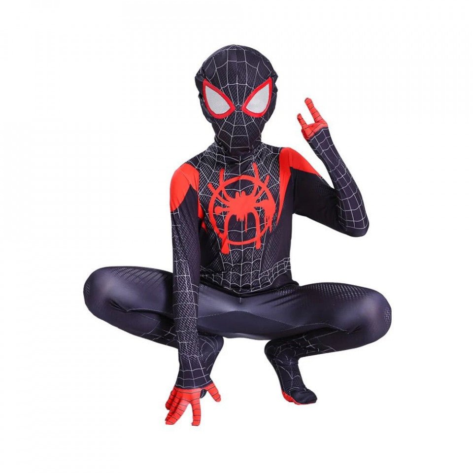 Costum Miles Morales pentru Copii, Spiderman Multiverse, EvrikaUnity®, Supererou, Premium Lycra 3D®, 5 - 6 ani, 130 cm, Negru/Rosu - costumecarnaval - serbare.ro