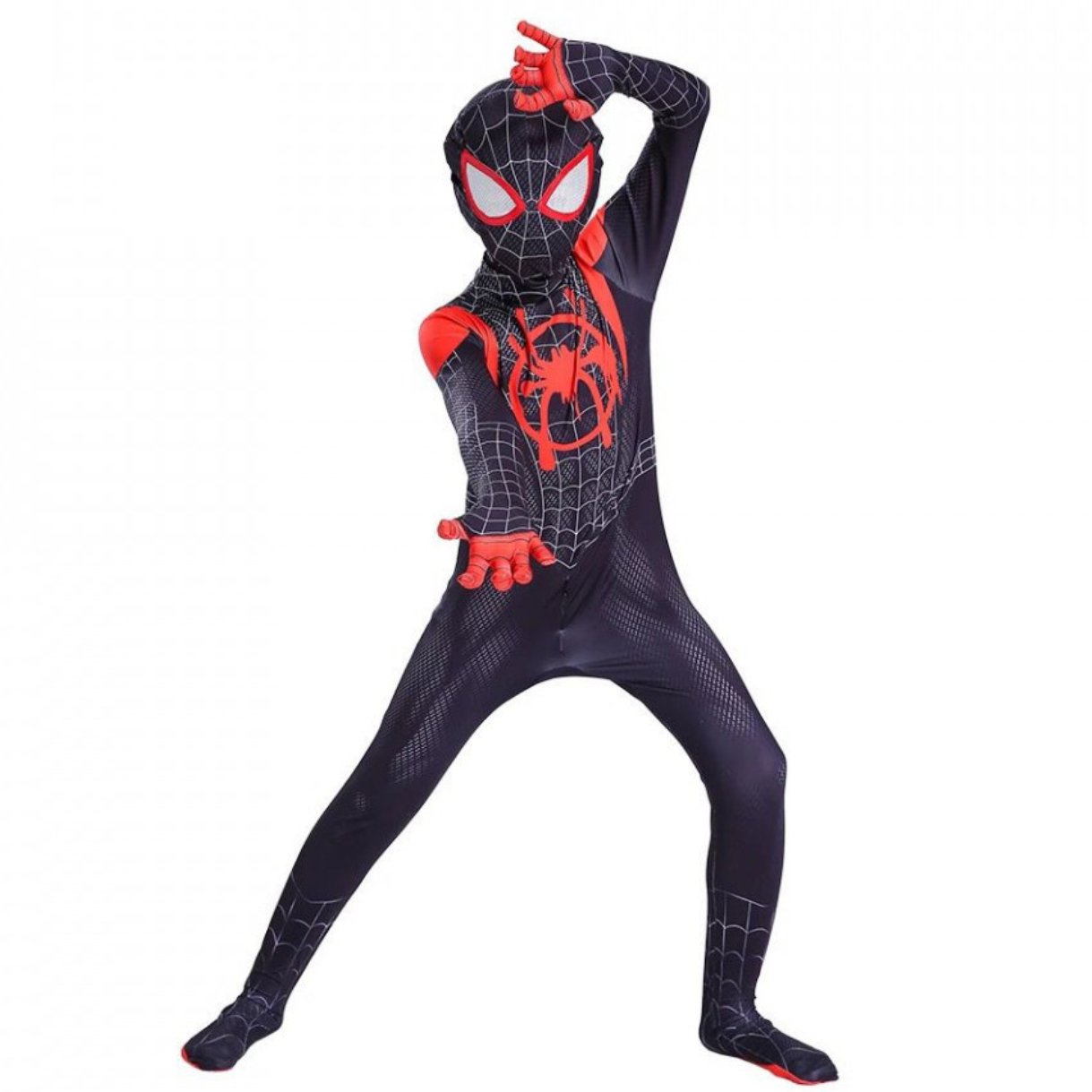 Costum Miles Morales pentru Copii, Spiderman Multiverse, EvrikaUnity®, Supererou, Premium Lycra 3D®, 6 - 7 ani, 140 cm, Negru/Rosu - costumecarnaval - serbare.ro