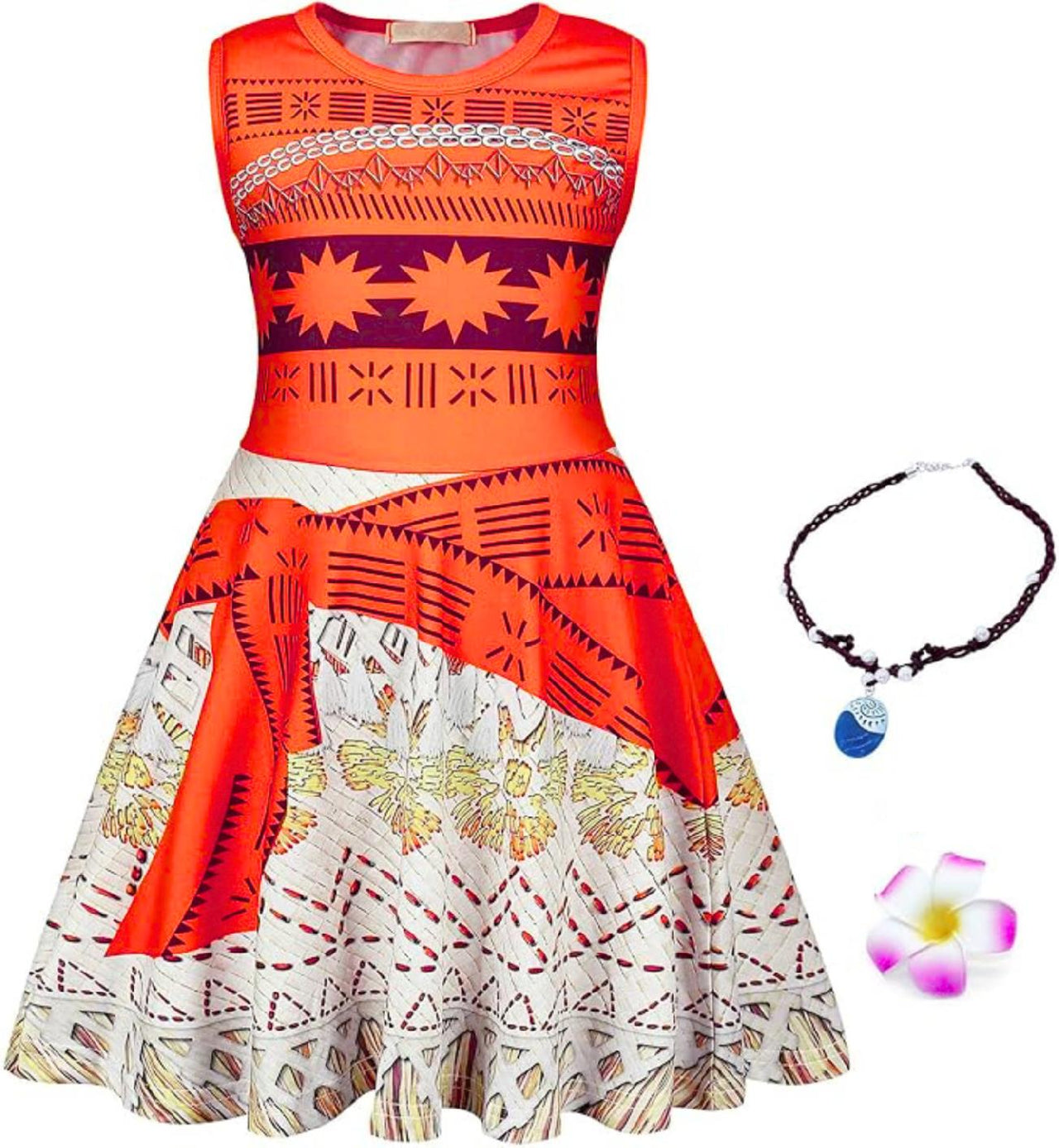 Costum Moana pentru copii, Set cu colier si agrafa floare, EvrikaUnity®, Tesatura Premium, 6 - 7 ani, 140 cm, Portocaliu - costumecarnaval - serbare.ro