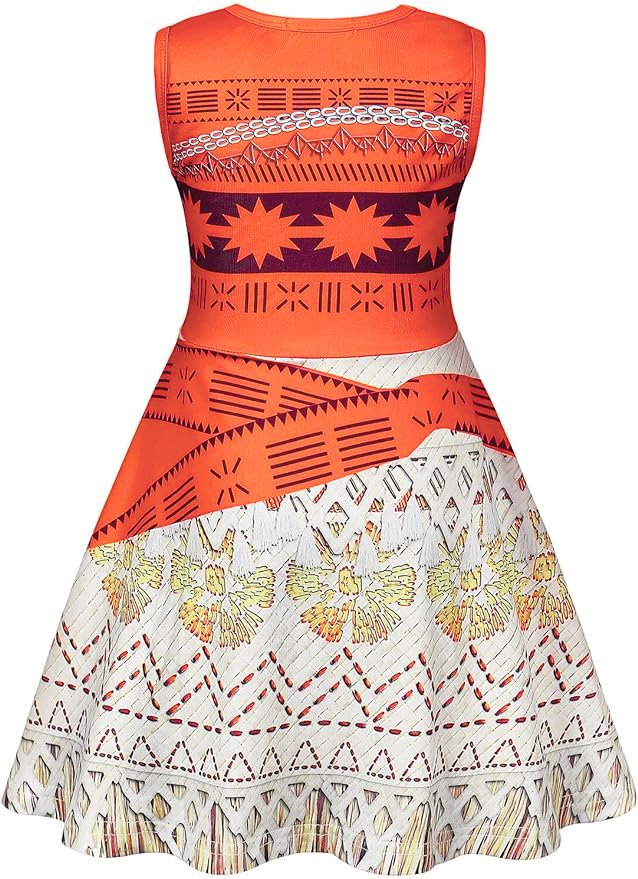 Costum Moana pentru copii, Set cu colier si agrafa floare, EvrikaUnity®, Tesatura Premium, 6 - 7 ani, 140 cm, Portocaliu - costumecarnaval - serbare.ro