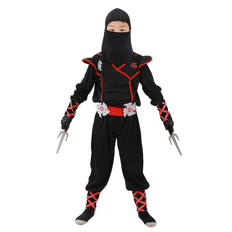 Costum Ninja pentru Copii, Set cu Accesorii, EvrikaUnity®, Tesatura Premium, 4 - 5 ani, 120cm, Negru/Rosu - costumecarnaval - serbare.ro