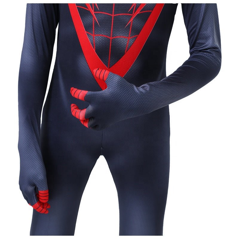 Costum Spider - man pentru Copii, Miles Morales, Multiverse, EvrikaUnity®, Premium Lycra 3D®, 4 - 5 ani, 120 cm, Negru/ Rosu - costumecarnaval - serbare.ro