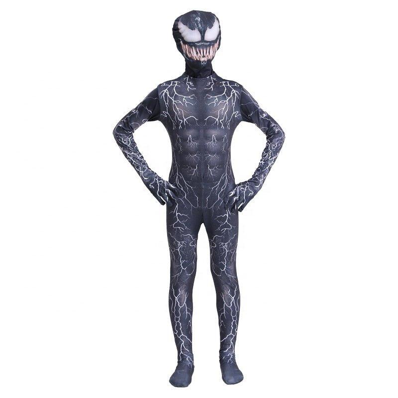 Costum Venom cu multe Fulgere pentru Copii, Set cu masca, Super - Erou, Lycra, 4 - 5 ani, 120, Negru/ Alb - costumecarnaval - serbare.ro