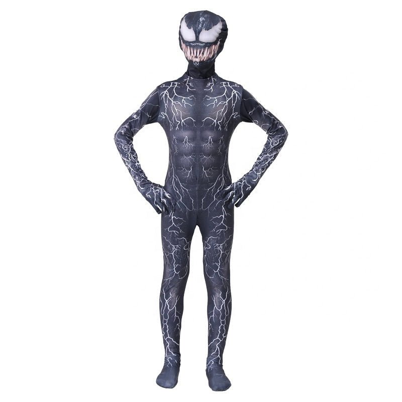 Costum Venom cu multe Fulgere pentru Copii, Set cu masca, Supererou, EvrikaUnity®, Premium Lycra 3D®, 3 - 4 ani, 110cm, Negru - costumecarnaval - serbare.ro