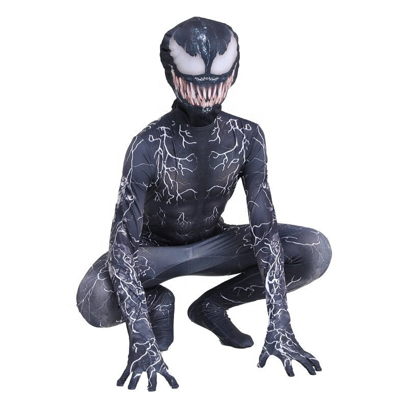 Costum Venom cu multe Fulgere pentru Copii, Set cu masca, Supererou, EvrikaUnity®, Premium Lycra 3D®, 3 - 4 ani, 110cm, Negru - costumecarnaval - serbare.ro