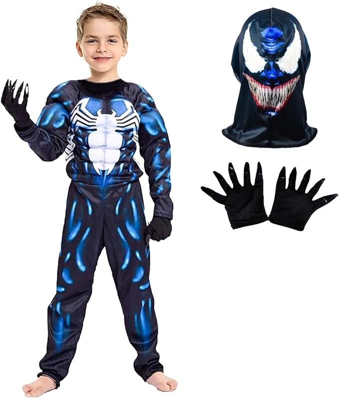 Costum Venom cu Muschi pentru Copii, Set cu masca si manusi, Supererou, EvrikaUnity®, Premium Lycra 3D®, 5 - 6 ani, 130cm, Albastru - costumecarnaval - serbare.ro