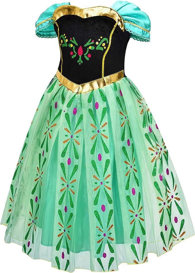 Rochie Anna pentru Copii, Set cu coronita si accesorii, Frozen, Tesatura fina, 5 - 6 ani, 130, Verde - costumecarnaval - serbare.ro