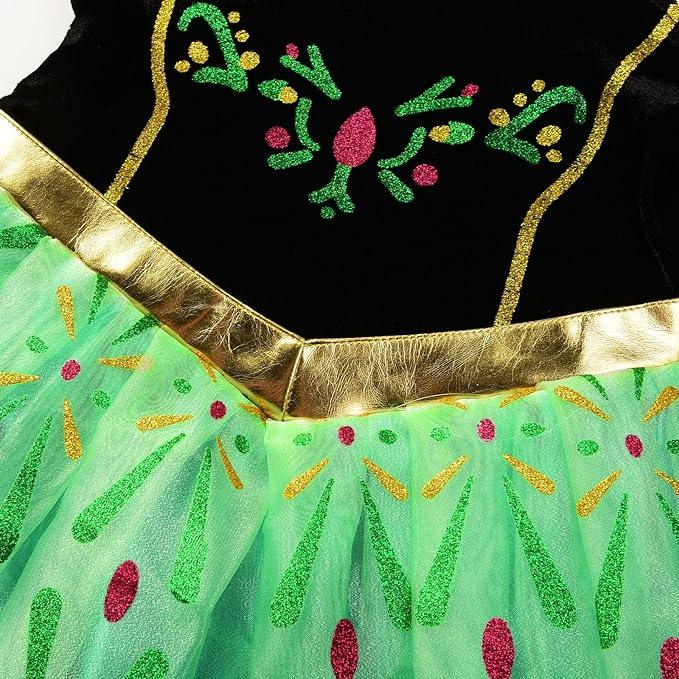 Rochie Anna pentru Copii, Set cu coronita si accesorii, Frozen, Tesatura fina, 6 - 7 ani, 140, Verde - costumecarnaval - serbare.ro