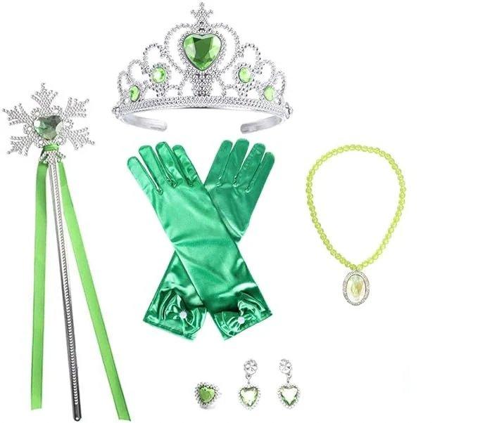 Rochie Anna pentru Copii, Set cu coronita si accesorii, Frozen, Tesatura fina, 6 - 7 ani, 140, Verde - costumecarnaval - serbare.ro