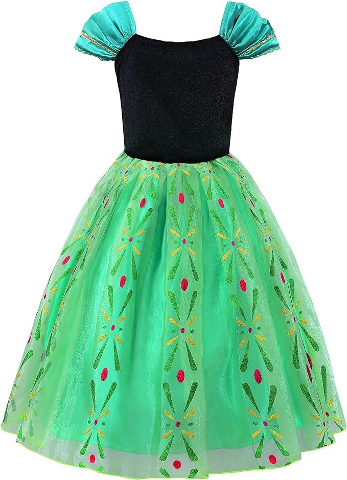 Rochie Anna pentru Copii, Set cu coronita si accesorii, Frozen, Tesatura fina, 6 - 7 ani, 140, Verde - costumecarnaval - serbare.ro