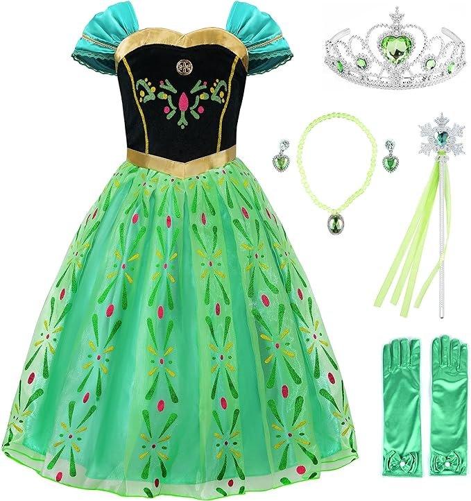 Rochie Anna pentru Copii, Set cu coronita si accesorii, Frozen, Tesatura fina, 6 - 7 ani, 140, Verde - costumecarnaval - serbare.ro
